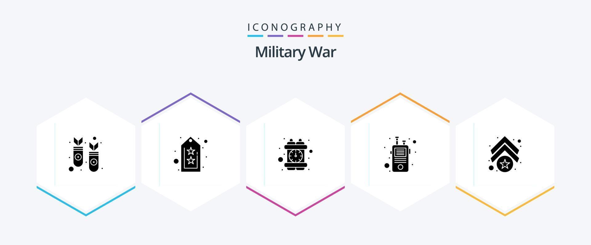 paquete de iconos de 25 glifos de guerra militar que incluye ejército. walkie delito. película sonora. comunicación vector