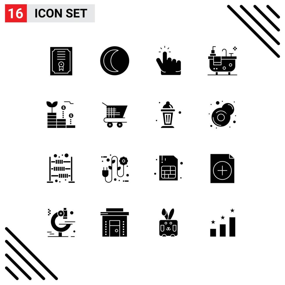 16 Thematic Vector Solid Glyphs and Editable Symbols of money growth finger finance bath Editable Vector Design Elements
