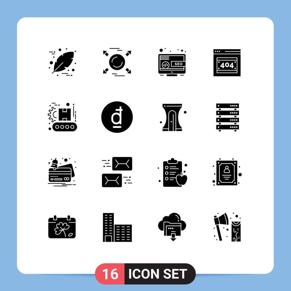 Solid Glyph Pack of 16 Universal Symbols of manufacturing conveyor seo server error page Editable Vector Design Elements