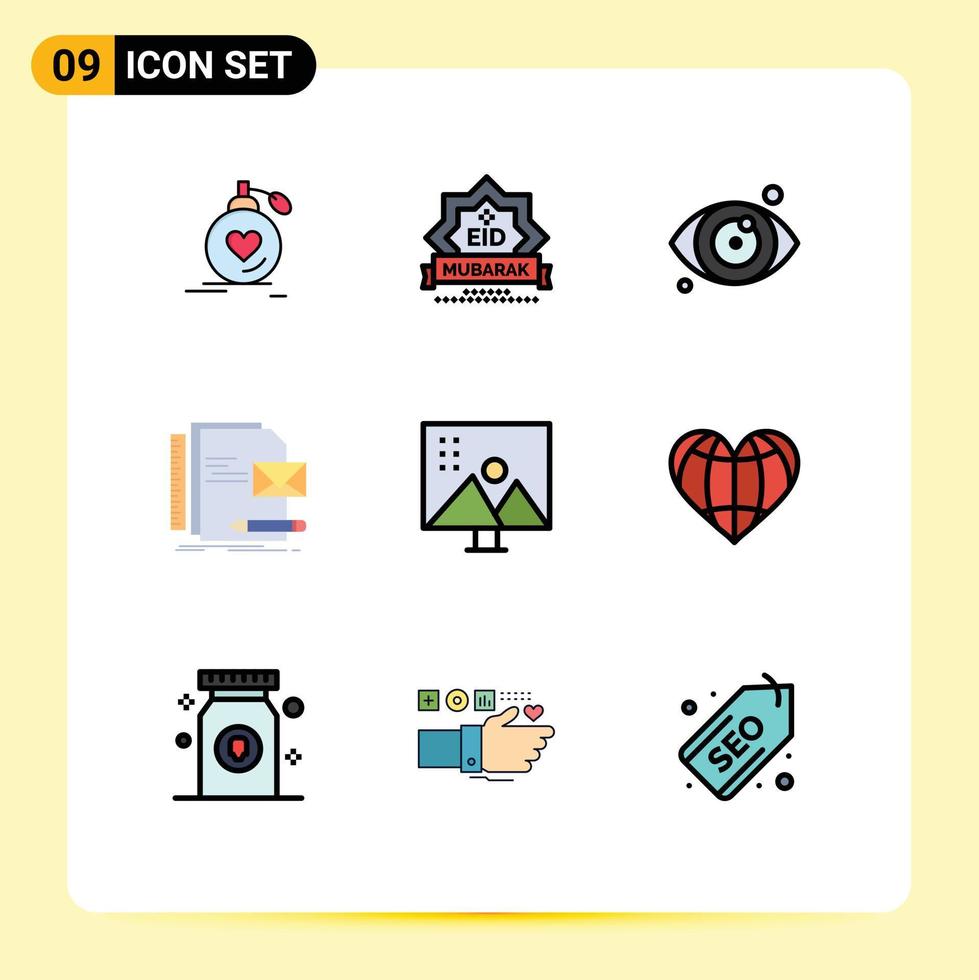 9 Filledline Flat Color concept for Websites Mobile and Apps letter company stamp brand eye Editable Vector Design Elements