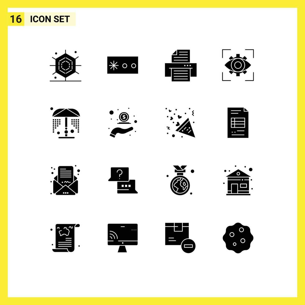 Mobile Interface Solid Glyph Set of 16 Pictograms of cash water printer shower view Editable Vector Design Elements