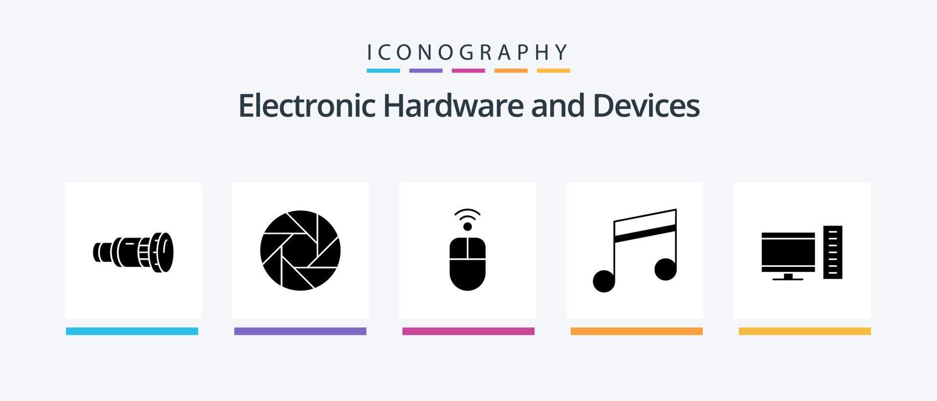 Devices Glyph 5 Icon Pack Including computer. music. photo. media. wireless. Creative Icons Design vector