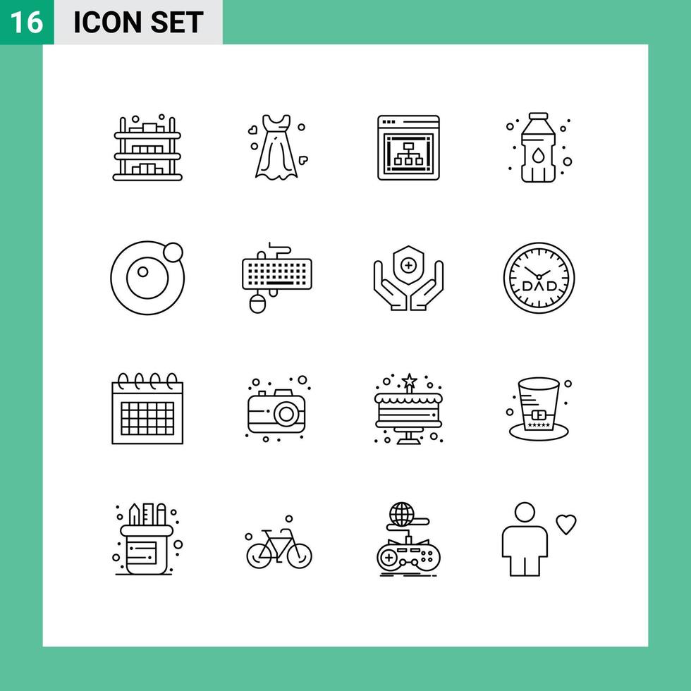 16 Universal Outline Signs Symbols of orbit plastic container wedding drinking water server Editable Vector Design Elements