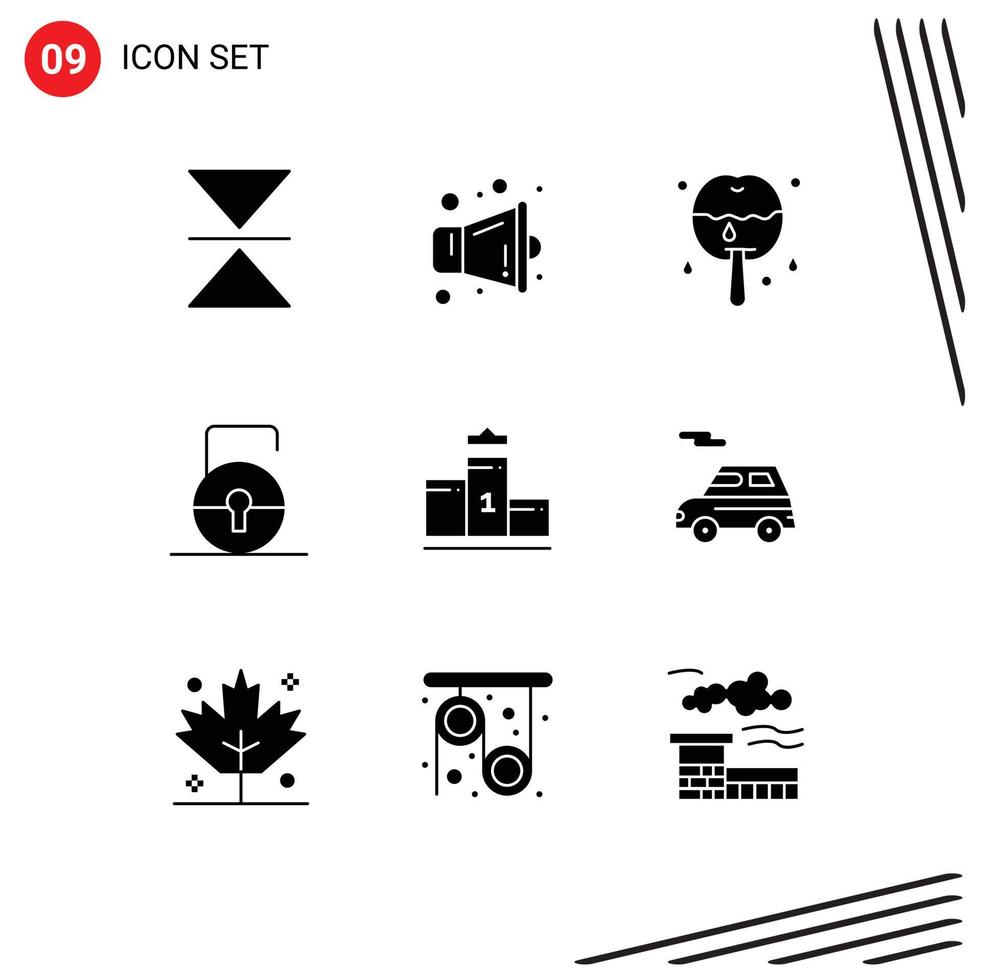 Pack of 9 creative Solid Glyphs of education first dessert pedestal protect Editable Vector Design Elements