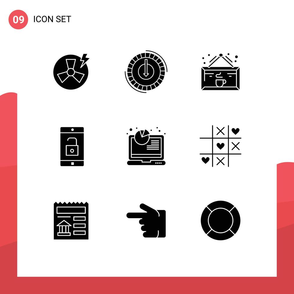 Mobile Interface Solid Glyph Set of 9 Pictograms of unlock mobile reduce application cup Editable Vector Design Elements