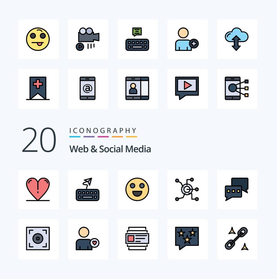 20 Web And Social Media Line Filled Color icon Pack like cinema chat happy chatting circle vector