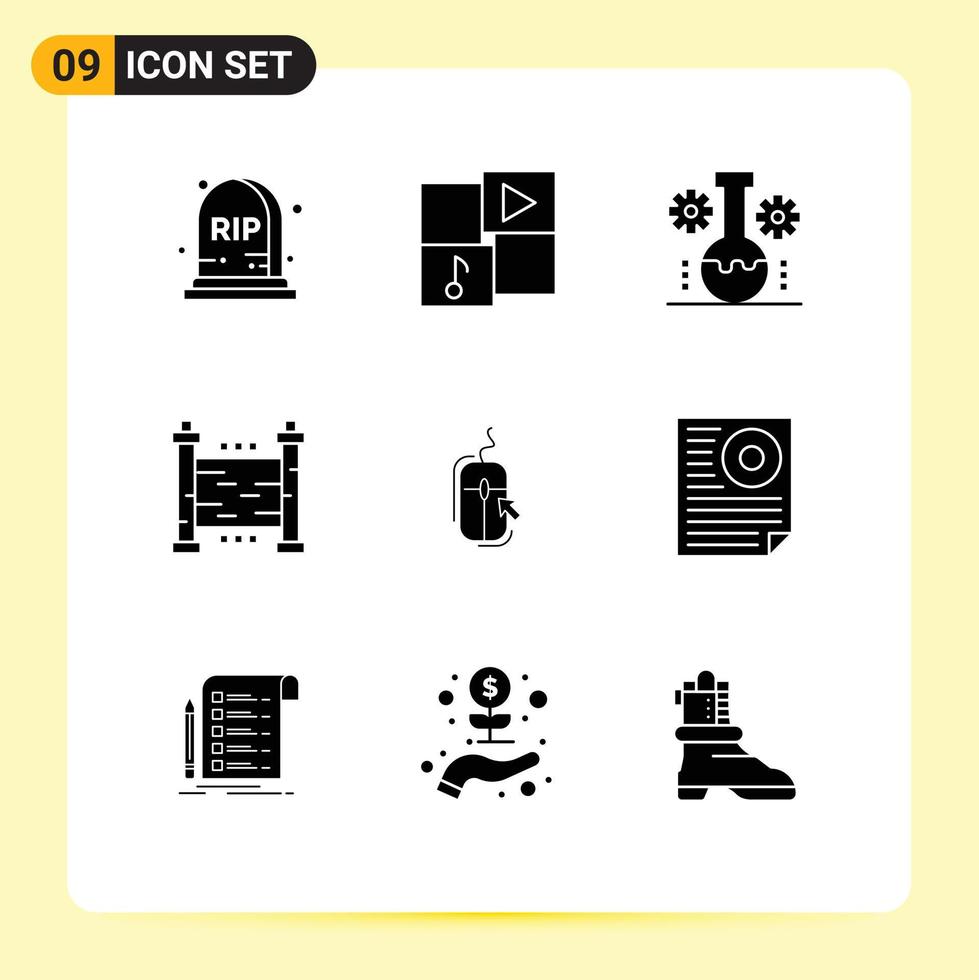 Set of 9 Commercial Solid Glyphs pack for click yard chemical industry security fences Editable Vector Design Elements