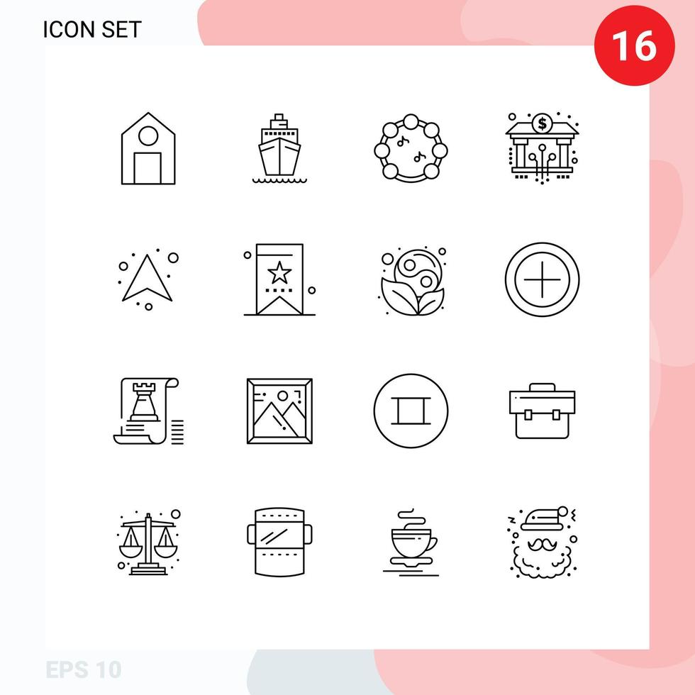 Pack of 16 Modern Outlines Signs and Symbols for Web Print Media such as up arrow music digital banking Editable Vector Design Elements