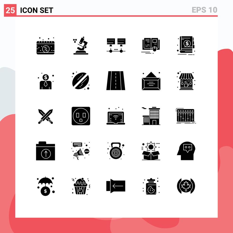 Solid Glyph Pack of 25 Universal Symbols of notepad economy network banking knowledge Editable Vector Design Elements
