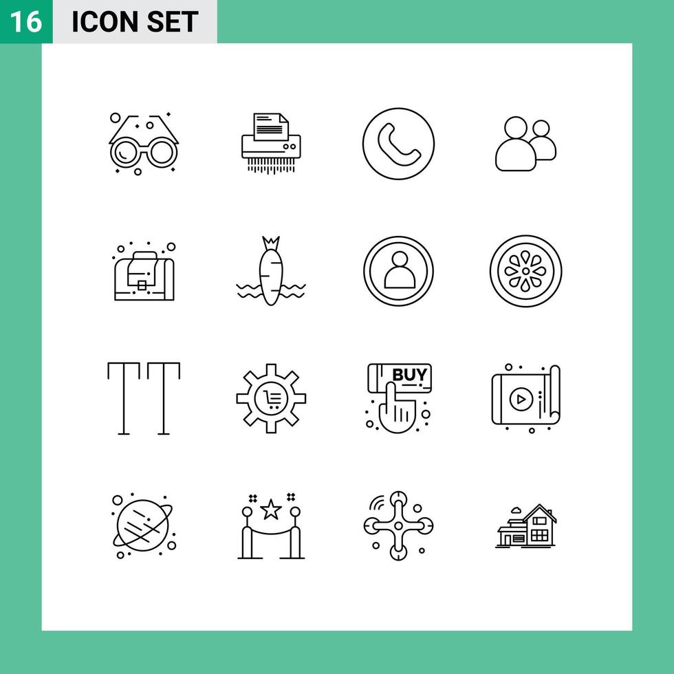 16 Universal Outlines Set for Web and Mobile Applications users friends file phone call Editable Vector Design Elements