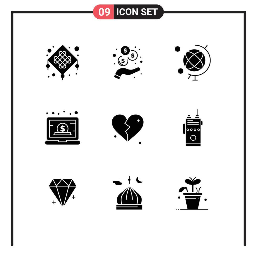 User Interface Pack of 9 Basic Solid Glyphs of heart brokan geography online laptop Editable Vector Design Elements