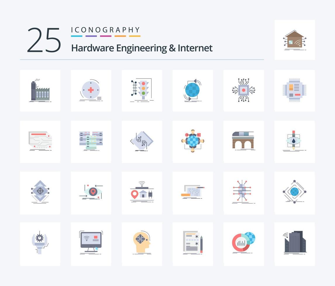 Hardware Engineering And Internet 25 Flat Color icon pack including internet. connectivity. healthcare. traffic. monitoring vector