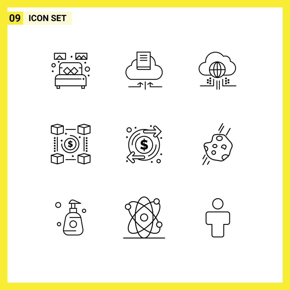 Universal Icon Symbols Group of 9 Modern Outlines of payments network notebook currency technology Editable Vector Design Elements