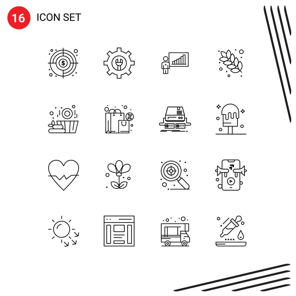 16 User Interface Outline Pack of modern Signs and Symbols of wood nutrition business grain dish Editable Vector Design Elements