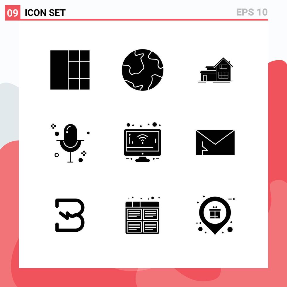 Pictogram Set of 9 Simple Solid Glyphs of wifi monitor house record media Editable Vector Design Elements