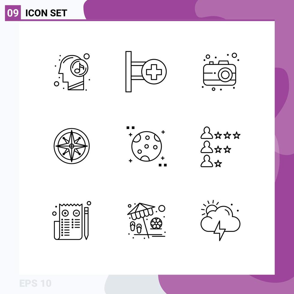 Universal Icon Symbols Group of 9 Modern Outlines of moon position camera navigator location Editable Vector Design Elements