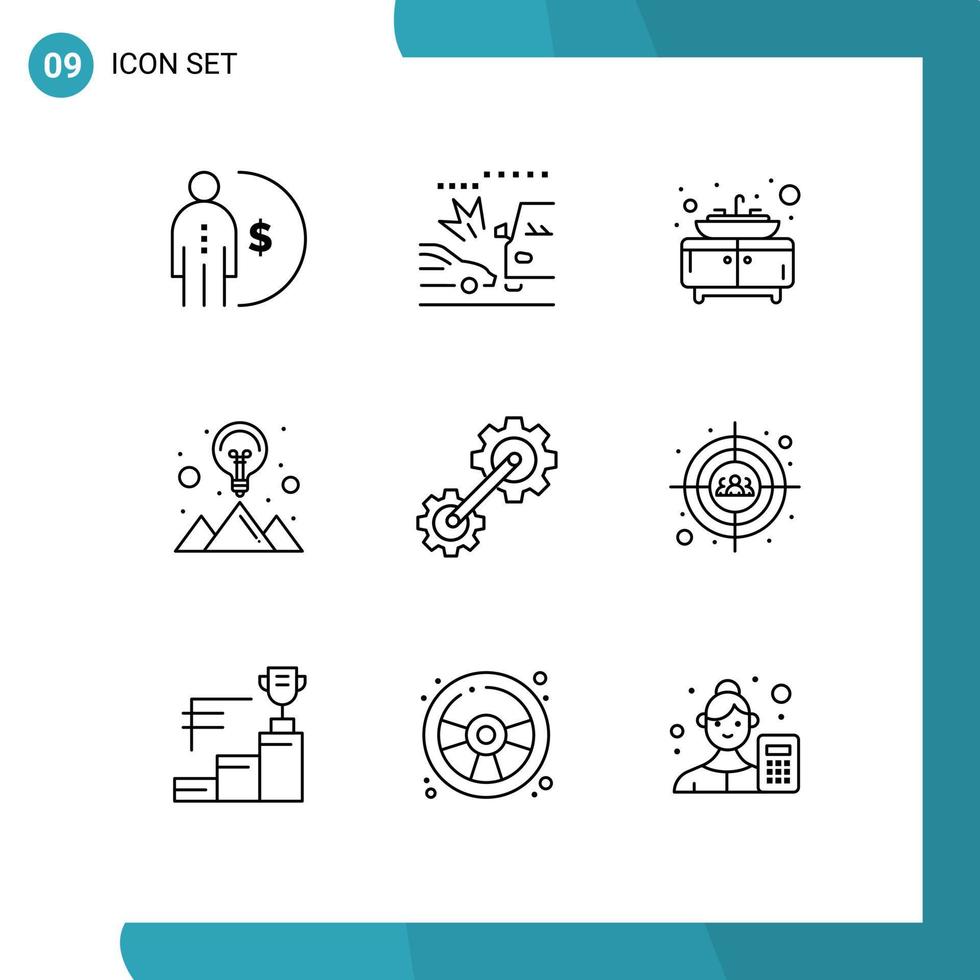 Set of 9 Modern UI Icons Symbols Signs for cogwheel strategy solution crush mountain creative Editable Vector Design Elements