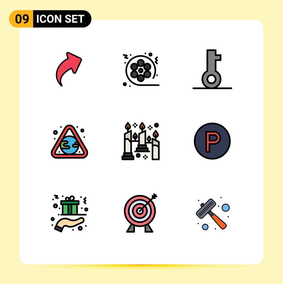 Set of 9 Vector Filledline Flat Colors on Grid for burning pollution multimedia gas security Editable Vector Design Elements