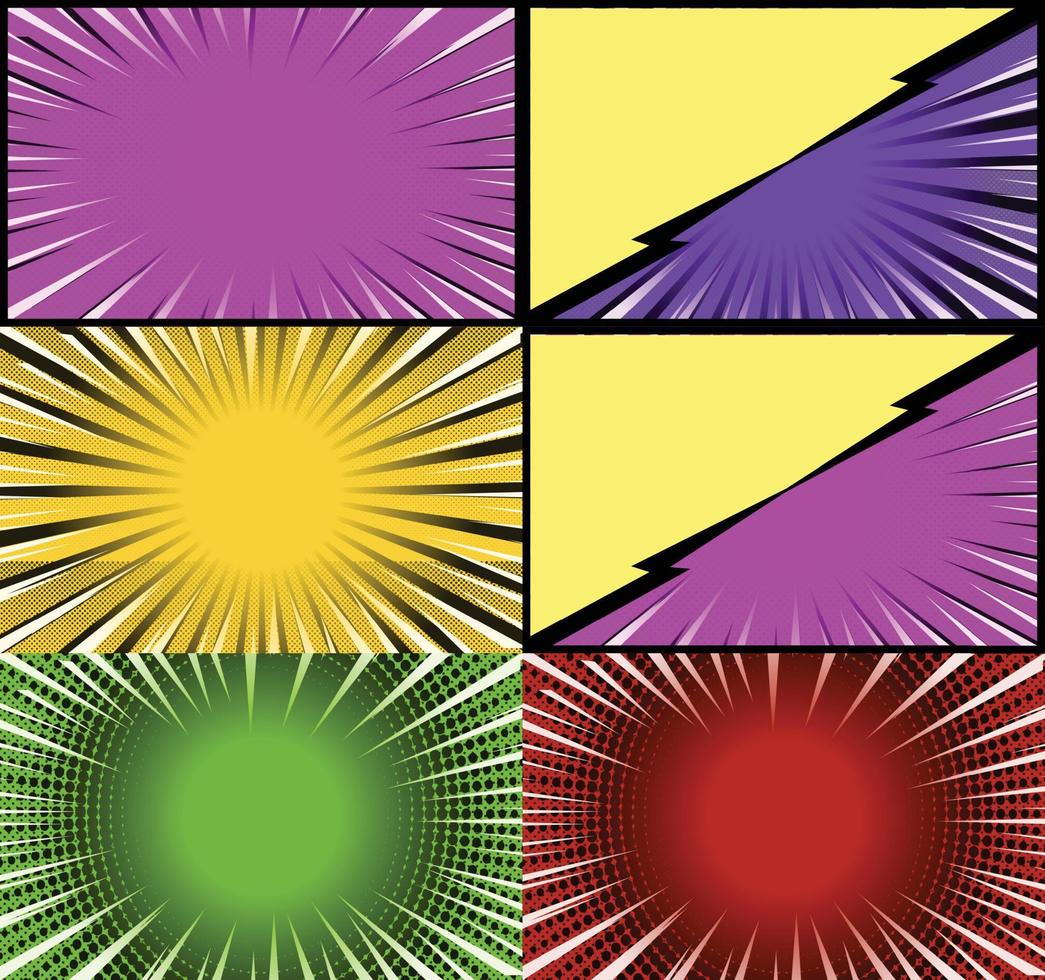 Comic book colorful frames background with halftone rays radial and dotted effects pop art style vector