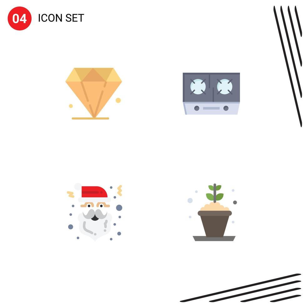 Pack of 4 Modern Flat Icons Signs and Symbols for Web Print Media such as diamond santa stove cooking plant Editable Vector Design Elements
