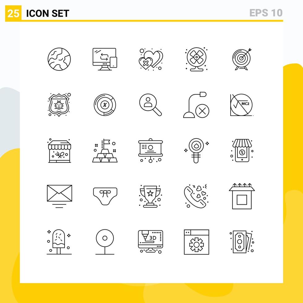 Mobile Interface Line Set of 25 Pictograms of archive target heart summer conditioner Editable Vector Design Elements