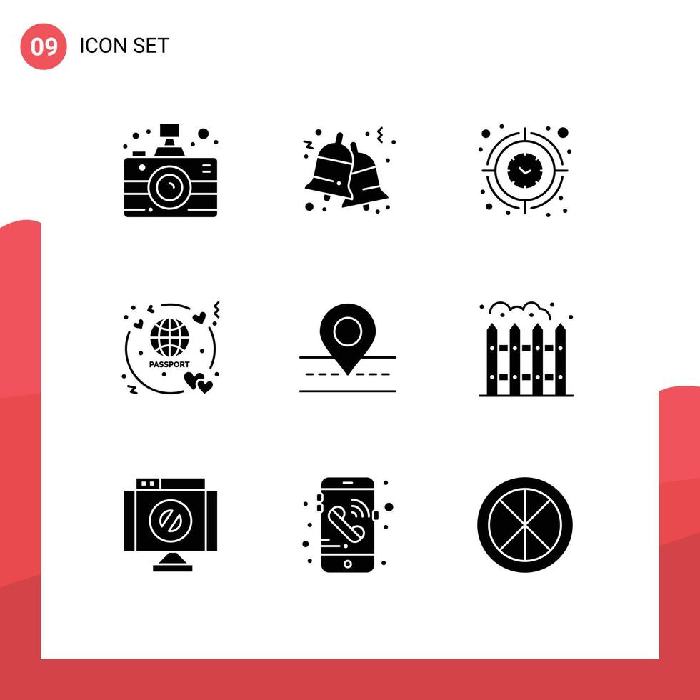 Modern Set of 9 Solid Glyphs and symbols such as road ticket clock passport timer Editable Vector Design Elements