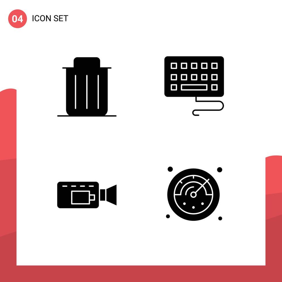 Set of 4 Commercial Solid Glyphs pack for delete record remove type stopwatch Editable Vector Design Elements