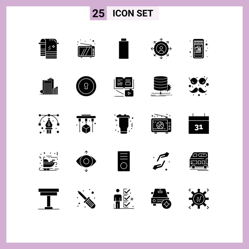 Set of 25 Commercial Solid Glyphs pack for building online shop battery mobile shopping growth Editable Vector Design Elements
