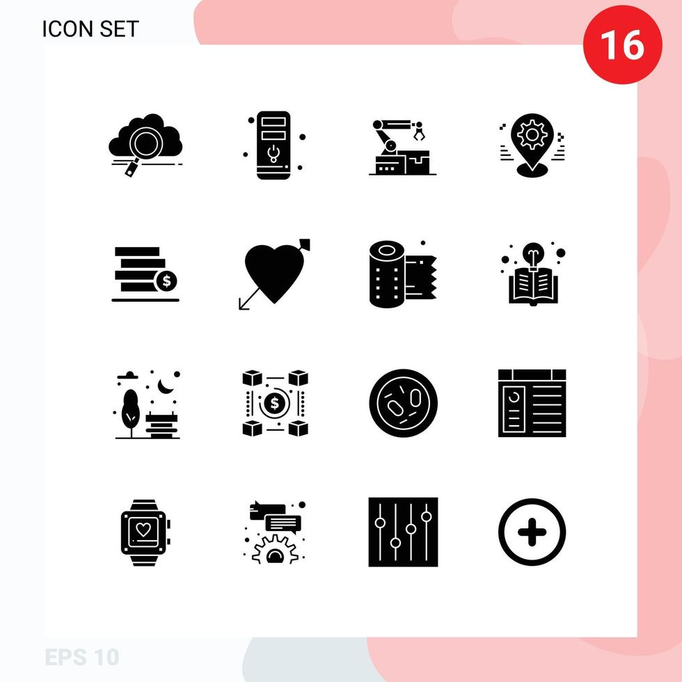 User Interface Pack of 16 Basic Solid Glyphs of money pin atoumated map gear Editable Vector Design Elements