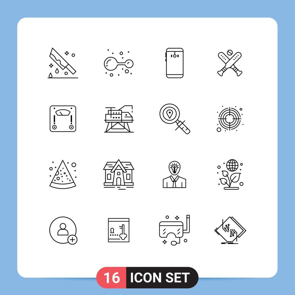 Group of 16 Modern Outlines Set for bats baseball lab ball camera Editable Vector Design Elements
