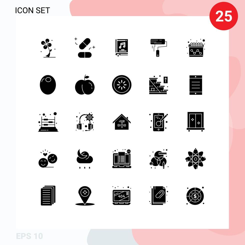 Pictogram Set of 25 Simple Solid Glyphs of wall paint science brush music Editable Vector Design Elements