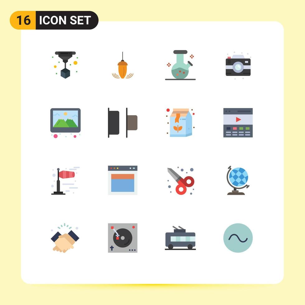 16 User Interface Flat Color Pack of modern Signs and Symbols of picture frame demo flask photo camera Editable Pack of Creative Vector Design Elements