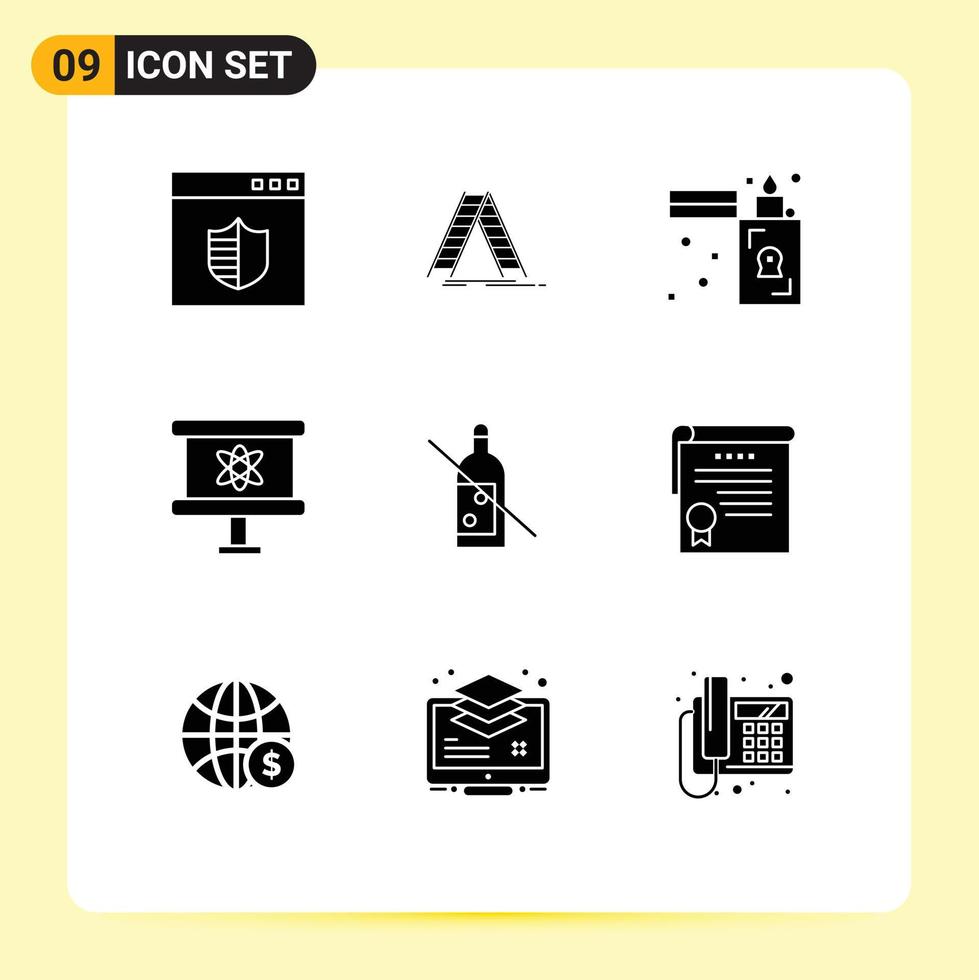Pack of 9 Modern Solid Glyphs Signs and Symbols for Web Print Media such as bottle forbidden space fire science atom Editable Vector Design Elements