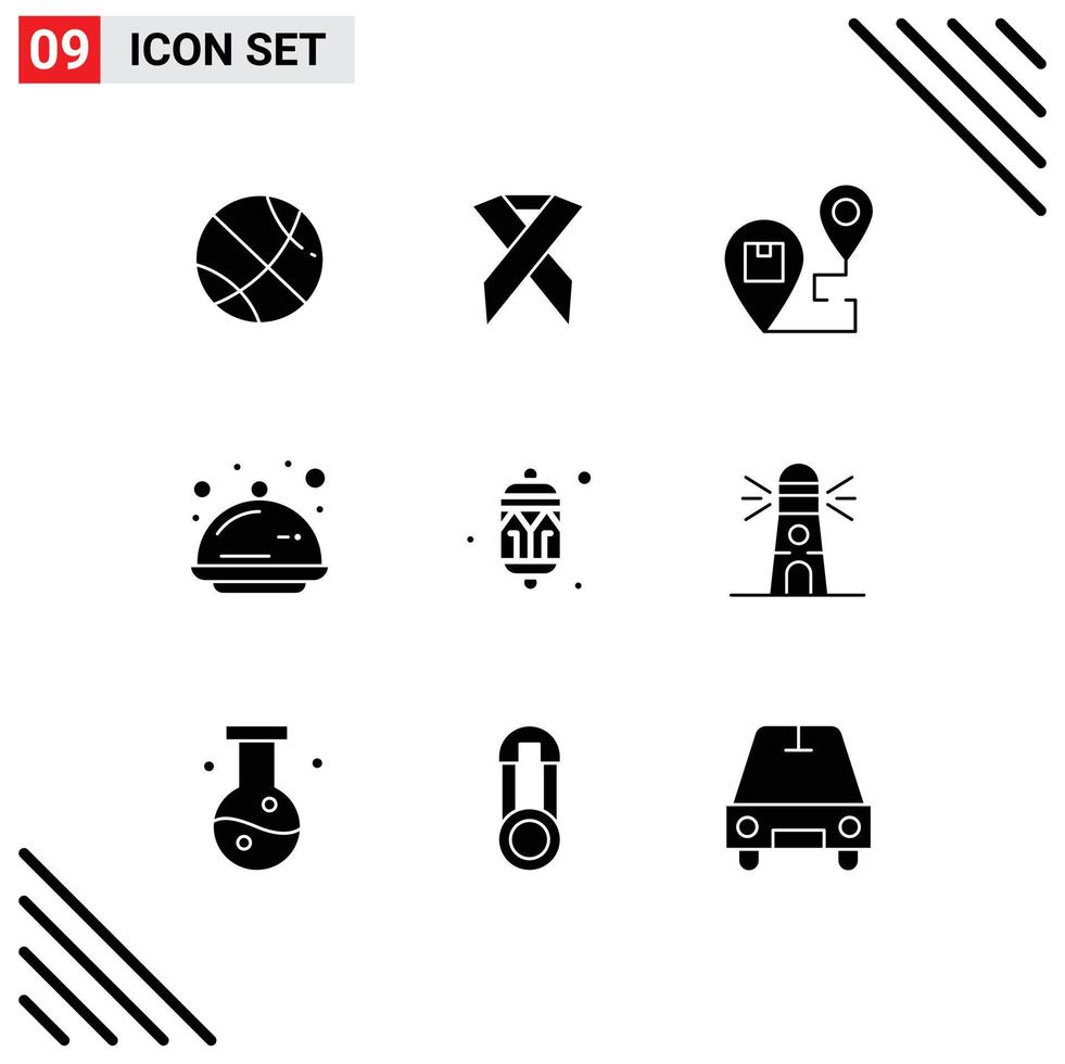 Pack of 9 Modern Solid Glyphs Signs and Symbols for Web Print Media such as celebration party destination tray cover Editable Vector Design Elements