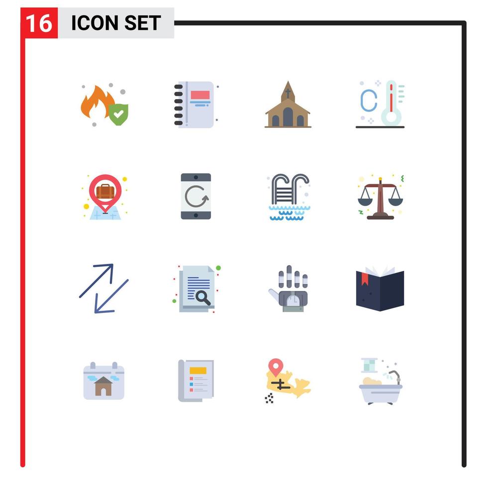 símbolos de iconos universales grupo de 16 colores planos modernos de estuche maletín bolsa de celebración termómetro vacaciones paquete editable de elementos de diseño de vectores creativos