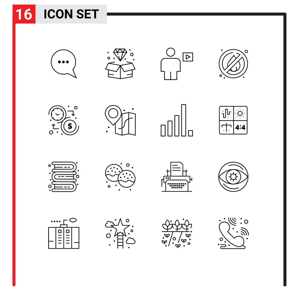 Mobile Interface Outline Set of 16 Pictograms of money budget body camping no fire Editable Vector Design Elements