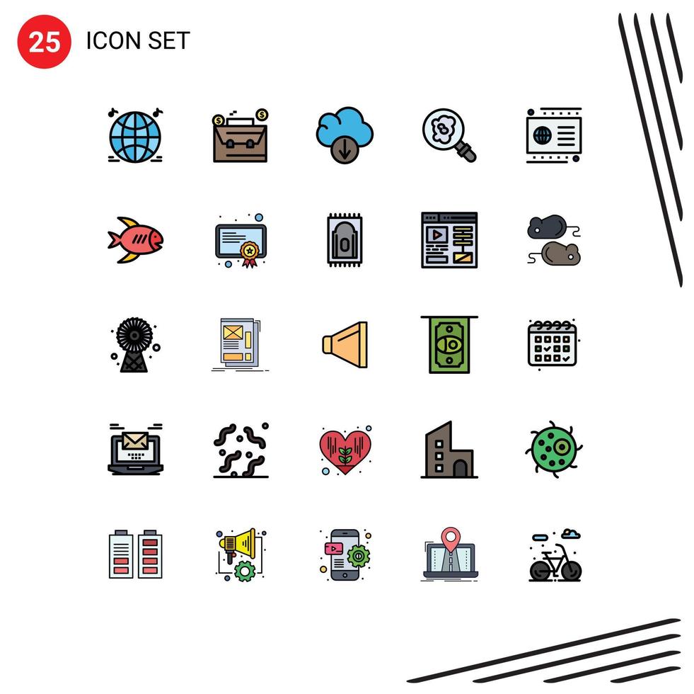 Set of 25 Commercial Filled line Flat Colors pack for beach debit data credit pollution Editable Vector Design Elements