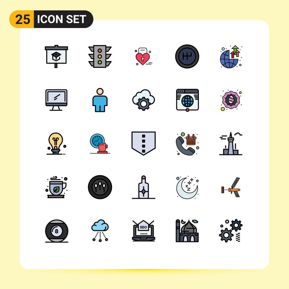 grupo de 25 signos y símbolos de colores planos de línea rellena para la mecánica de reglas globales del mundo que casa elementos de diseño de vectores editables
