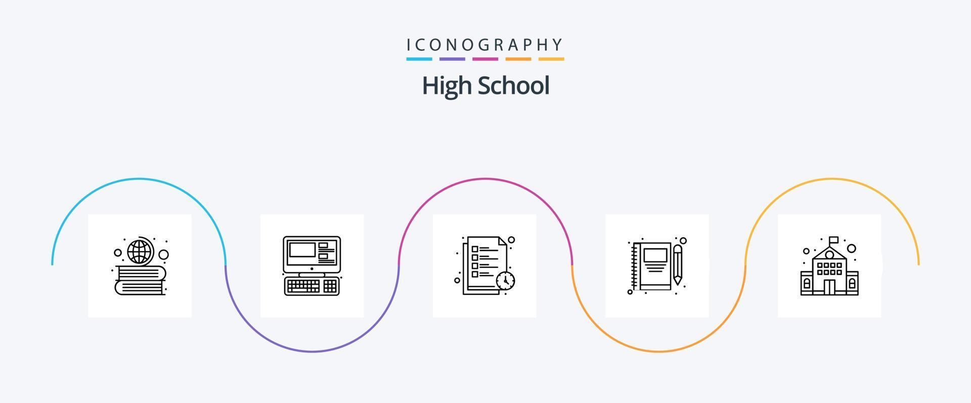 paquete de iconos de la línea 5 de la escuela secundaria que incluye el edificio. lápiz. tiempo de leer. lápiz. libro vector