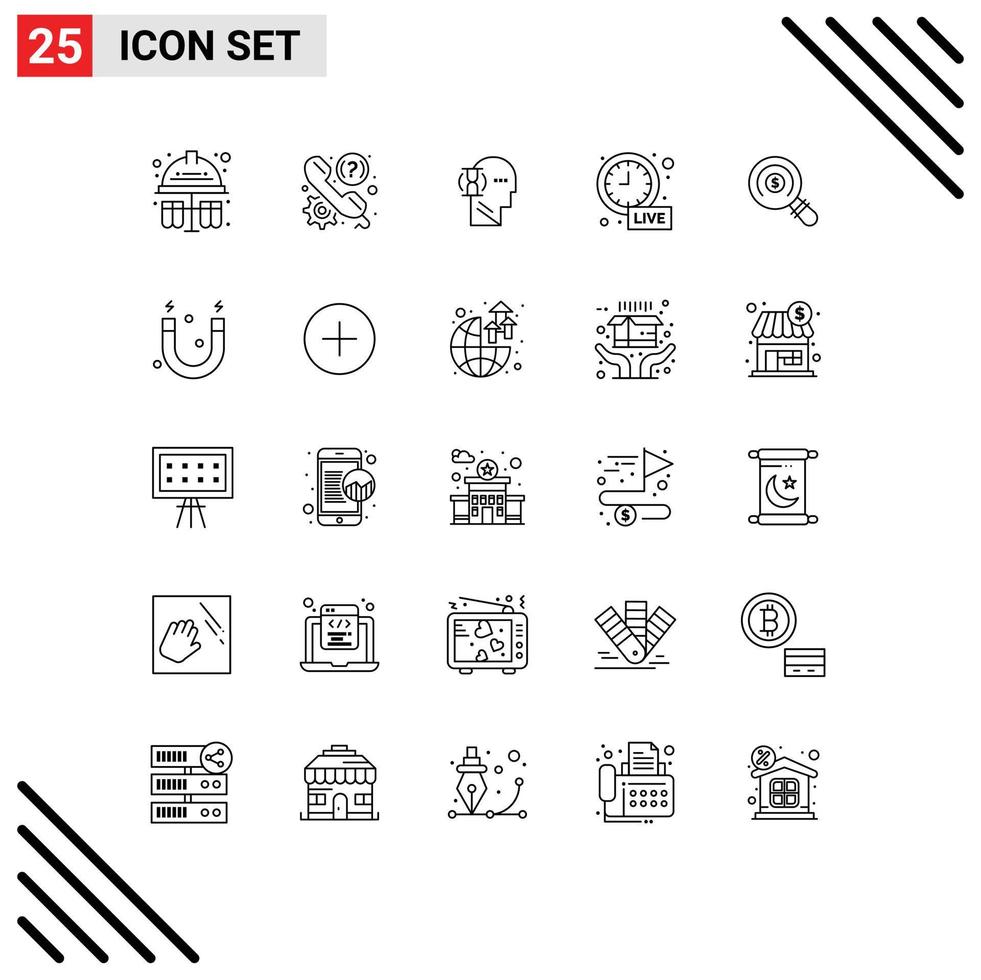 25 Universal Lines Set for Web and Mobile Applications ecommerce time support clock male Editable Vector Design Elements