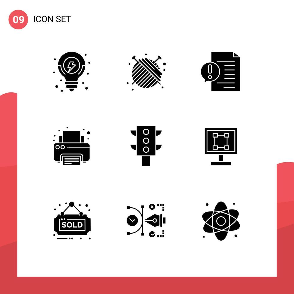 Modern Set of 9 Solid Glyphs Pictograph of lights printer communication print file Editable Vector Design Elements