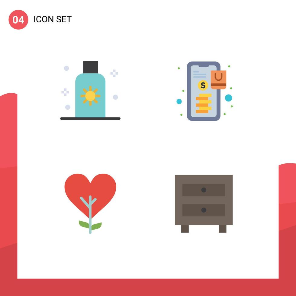 Modern Set of 4 Flat Icons and symbols such as lotion heart sun online like Editable Vector Design Elements