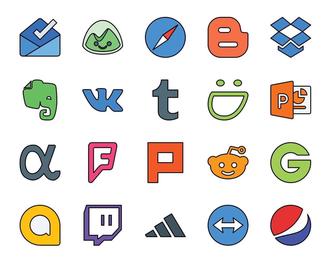 Paquete de 20 íconos de redes sociales que incluye twitch groupon tumblr reddit foursquare vector