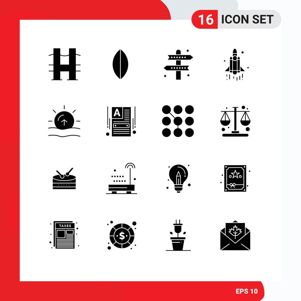 Modern Set of 16 Solid Glyphs and symbols such as sun technology athletics space launch Editable Vector Design Elements