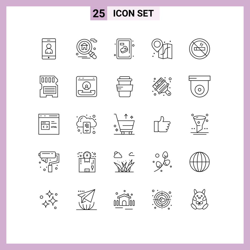 Group of 25 Lines Signs and Symbols for memory card steak travel hotel Editable Vector Design Elements