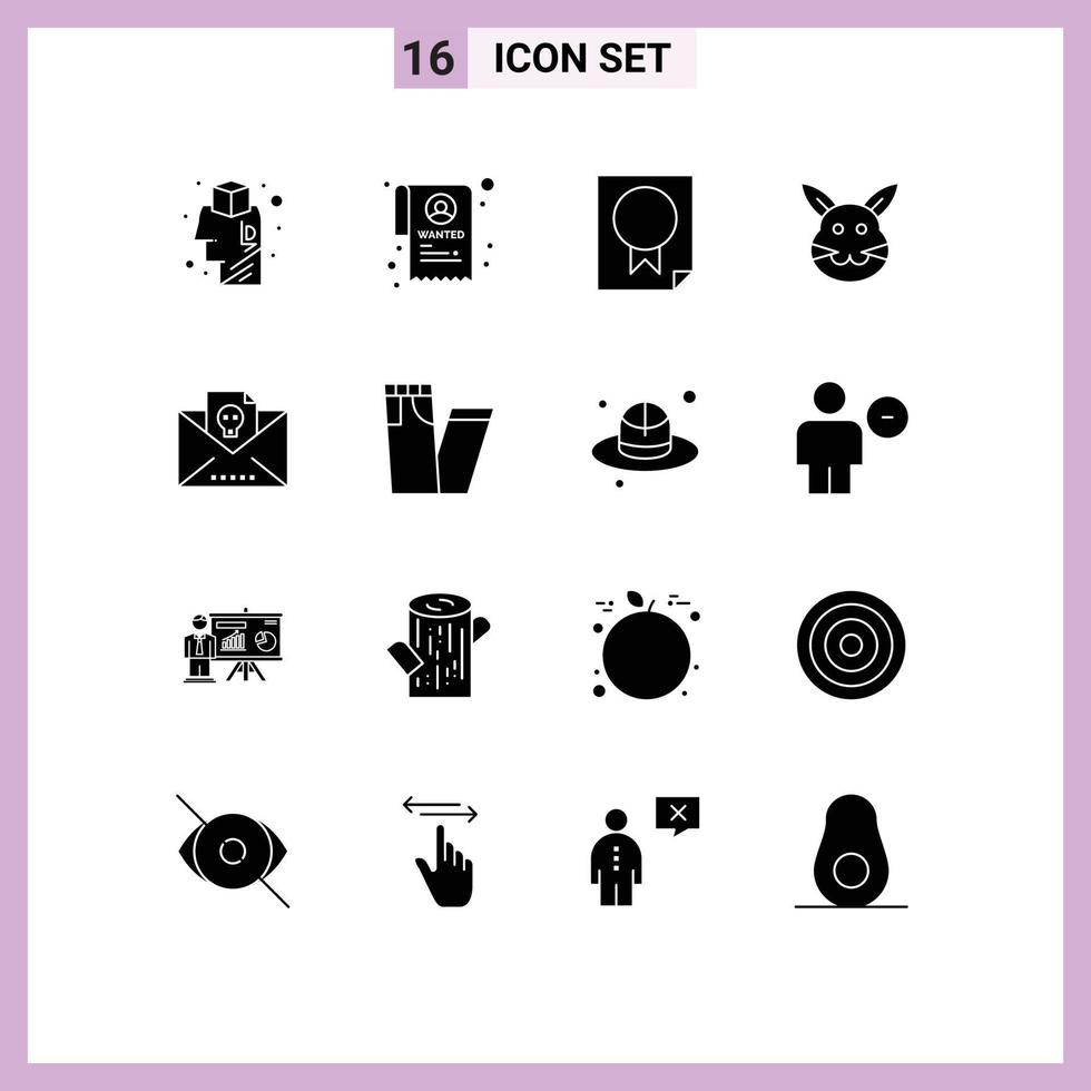 Universal Icon Symbols Group of 16 Modern Solid Glyphs of letter rabbit data easter bunny Editable Vector Design Elements