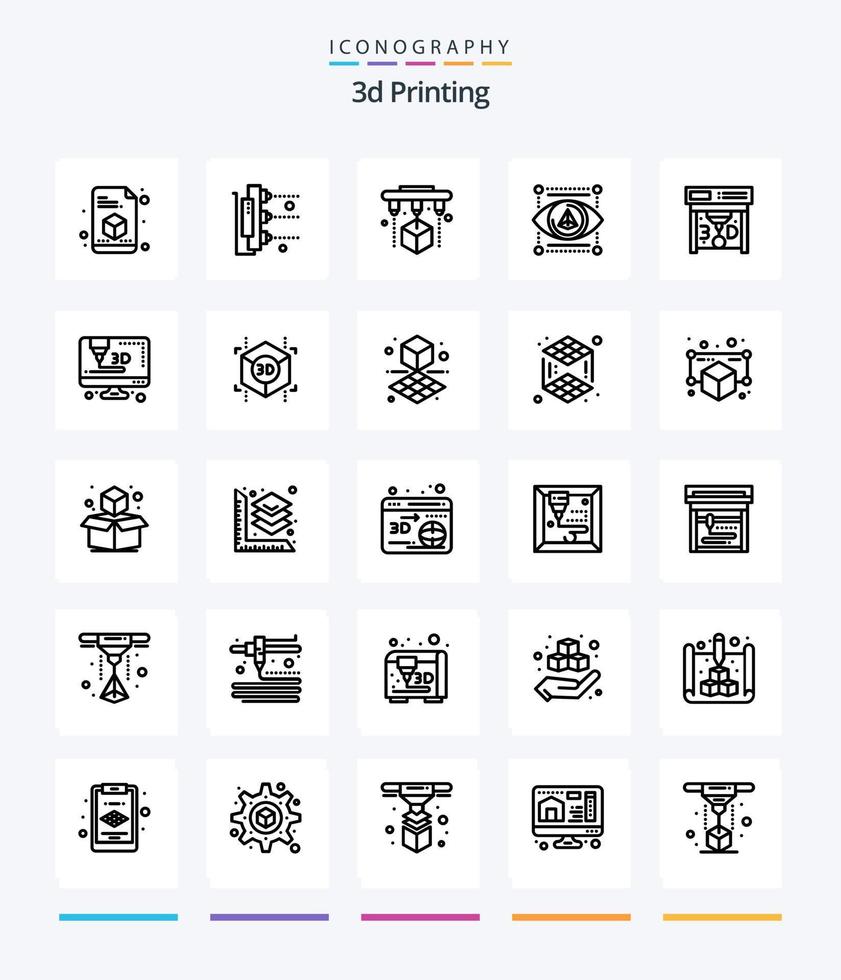 Creative 3d Printing 25 OutLine icon pack  Such As printer. gadget. scanner. eye. scanner vector