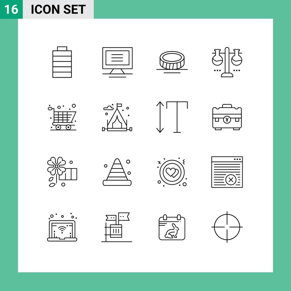 Stock Vector Icon Pack of 16 Line Signs and Symbols for camping online shopping money cart test flask Editable Vector Design Elements