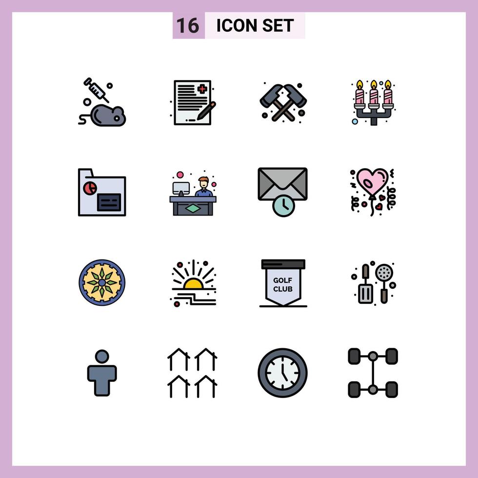 Flat Color Filled Line Pack of 16 Universal Symbols of marketing business axe light candle dinner Editable Creative Vector Design Elements