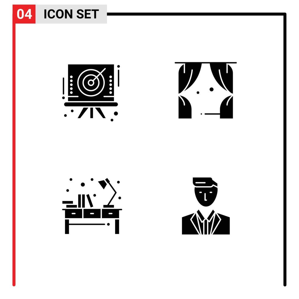 Set of 4 Vector Solid Glyphs on Grid for arrow light target theatre office Editable Vector Design Elements